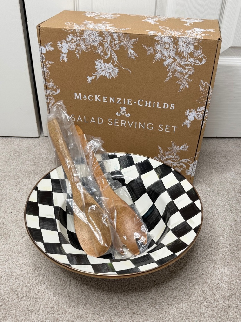NIB Mackenzie Childs Salad Serving Set Bowl Spoons